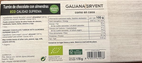 TURRON CHOCOLATE ECO 170 gr-detalle