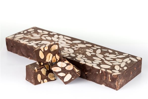 Turrón de chocolate puro 70 % con almendras 500 g.-lateral