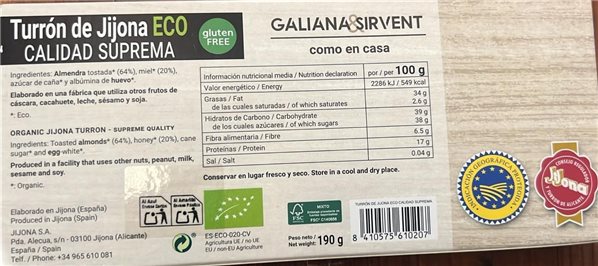 NOUGAT JIJONA BIO 190 gr-detalle