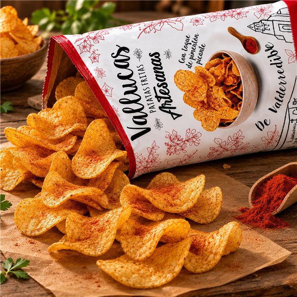 VALLUCAS Artisan Chips mit einer Note von scharfem Paprika aus Valderredible, glutenfrei, PACK 12 Tüten à 140 g.-izquierda