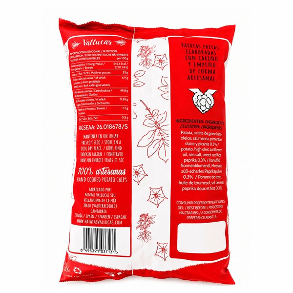 VALLUCAS Artisan Chips mit einer Note von scharfem Paprika aus Valderredible, glutenfrei, PACK 12 Tüten à 140 g.-lateral
