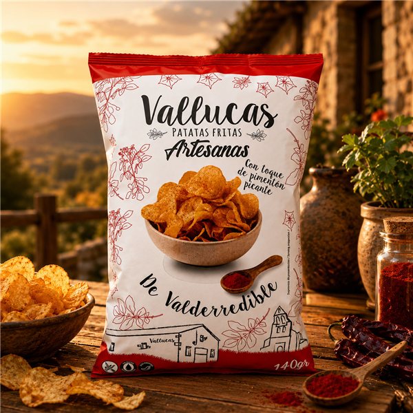 VALLUCAS Artisan Chips mit einer Note von scharfem Paprika aus Valderredible, glutenfrei, PACK 12 Tüten à 140 g.-trasera