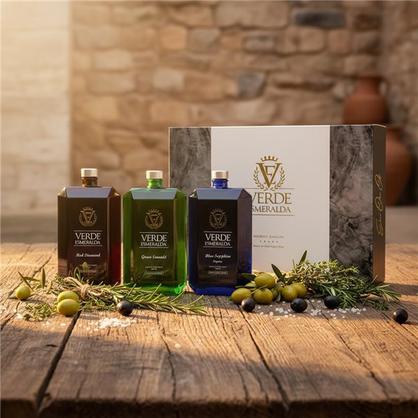 Étui cadeau Gamme de pierres précieuses en émeraude verte 3 bouteilles 500 ml-detalle