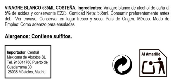 White Sugar Cane Vinegar ""La Costeña"" 535ml-detalle