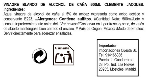 White cane vinegar, Clemente Jacques 500ml 500ml-detalle