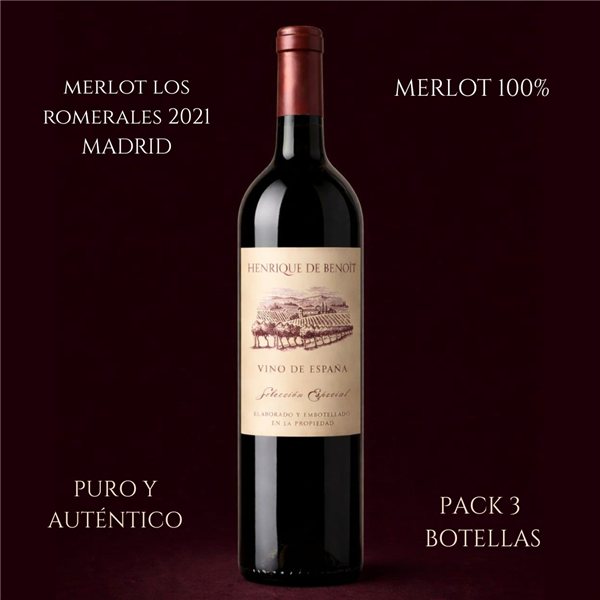 Vino Tinto 100% Merlot 2021  Henrique de Benoit | Caja Vino 3 Botellas 750 ml | 15 Meses en Fudres de Roble Francés + 4 Años en Botella | Pack Regalo Gourmet-trasera