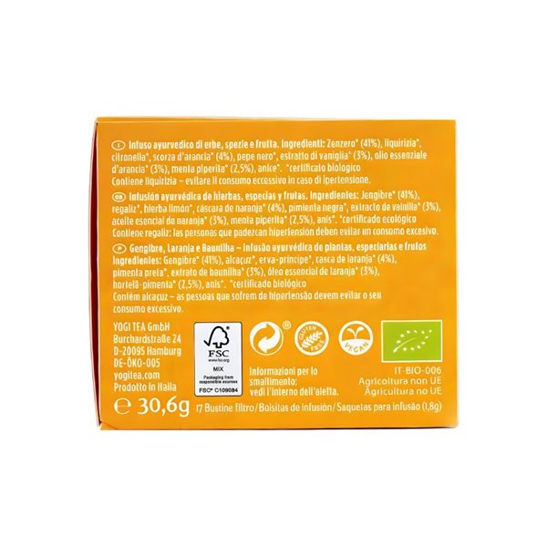 Thé Yogi au Gingembre et à l'Orange 2ème unité à -50% Bio 17 sachets-lateral