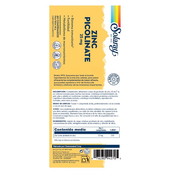 Zinc Picolinate 25mg 60 Tablets Solaray-detalle