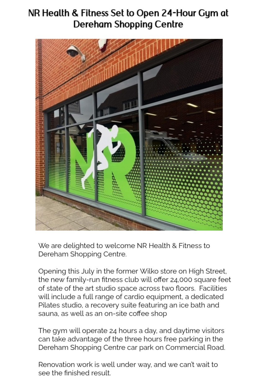 NR Health & Fitness Set to Open 24-Hour Gym at Dereham Shopping Centre