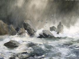 Rocks sliding into the turbulent sea. 