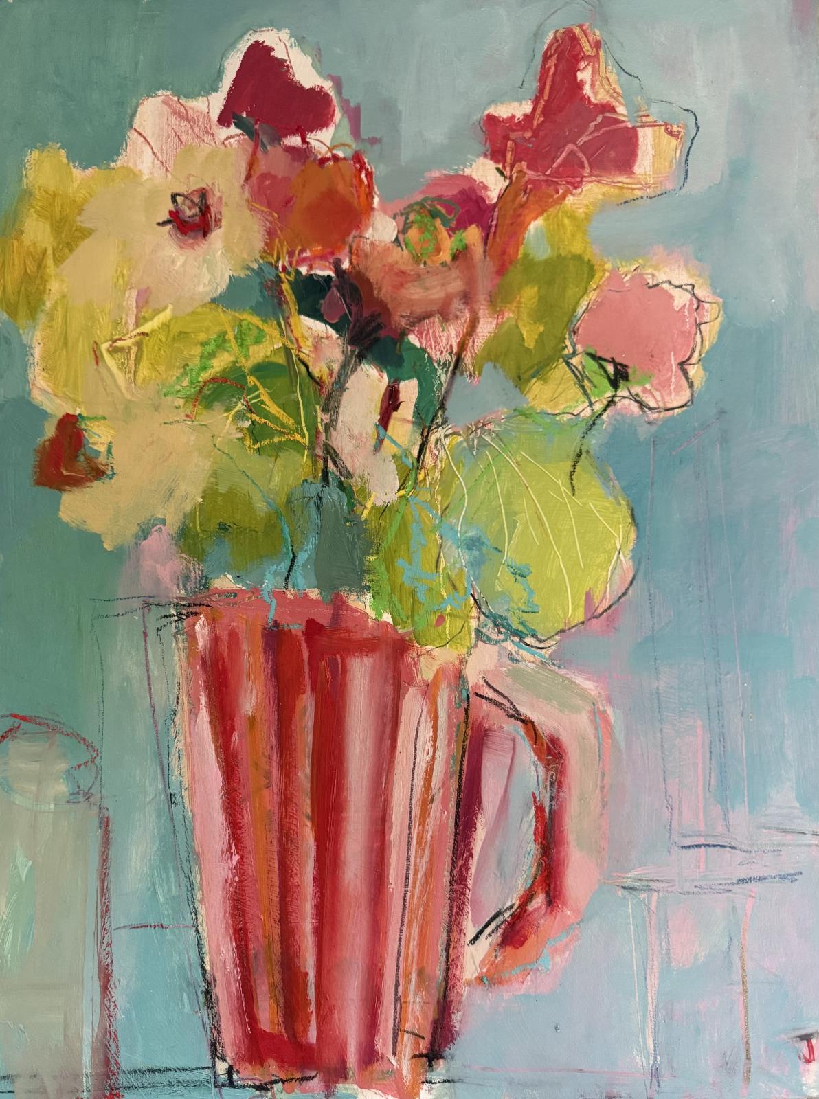 Dahlias in red striped jug