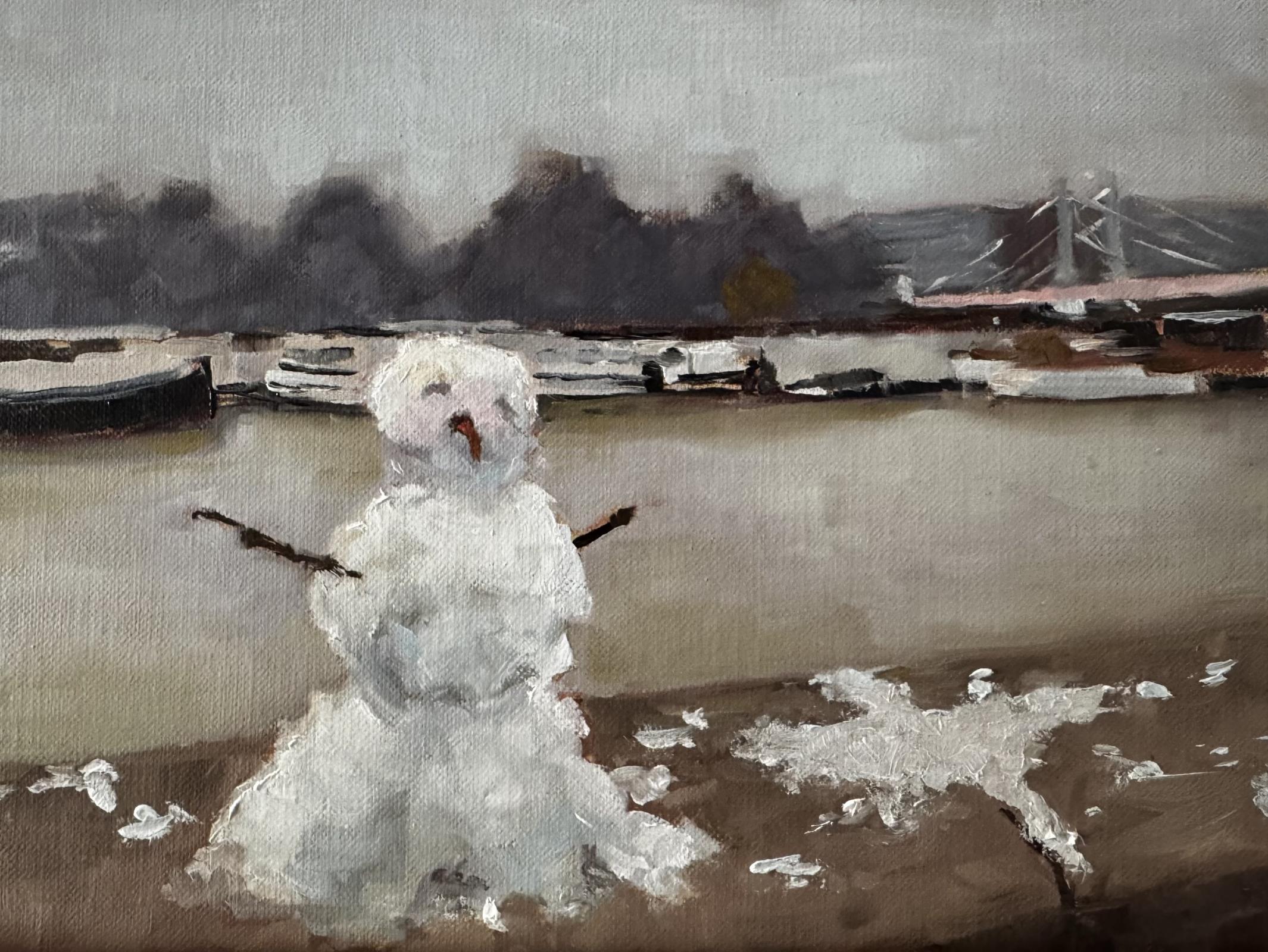 Snowman Joy on a Wintery Embankment 