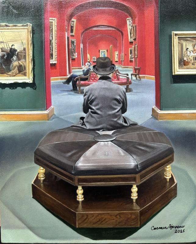 Man in Bowler Hat Viewing Art in the Galleries of Scotland