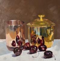 Cherries with Copper Tumbler and Brass Pot