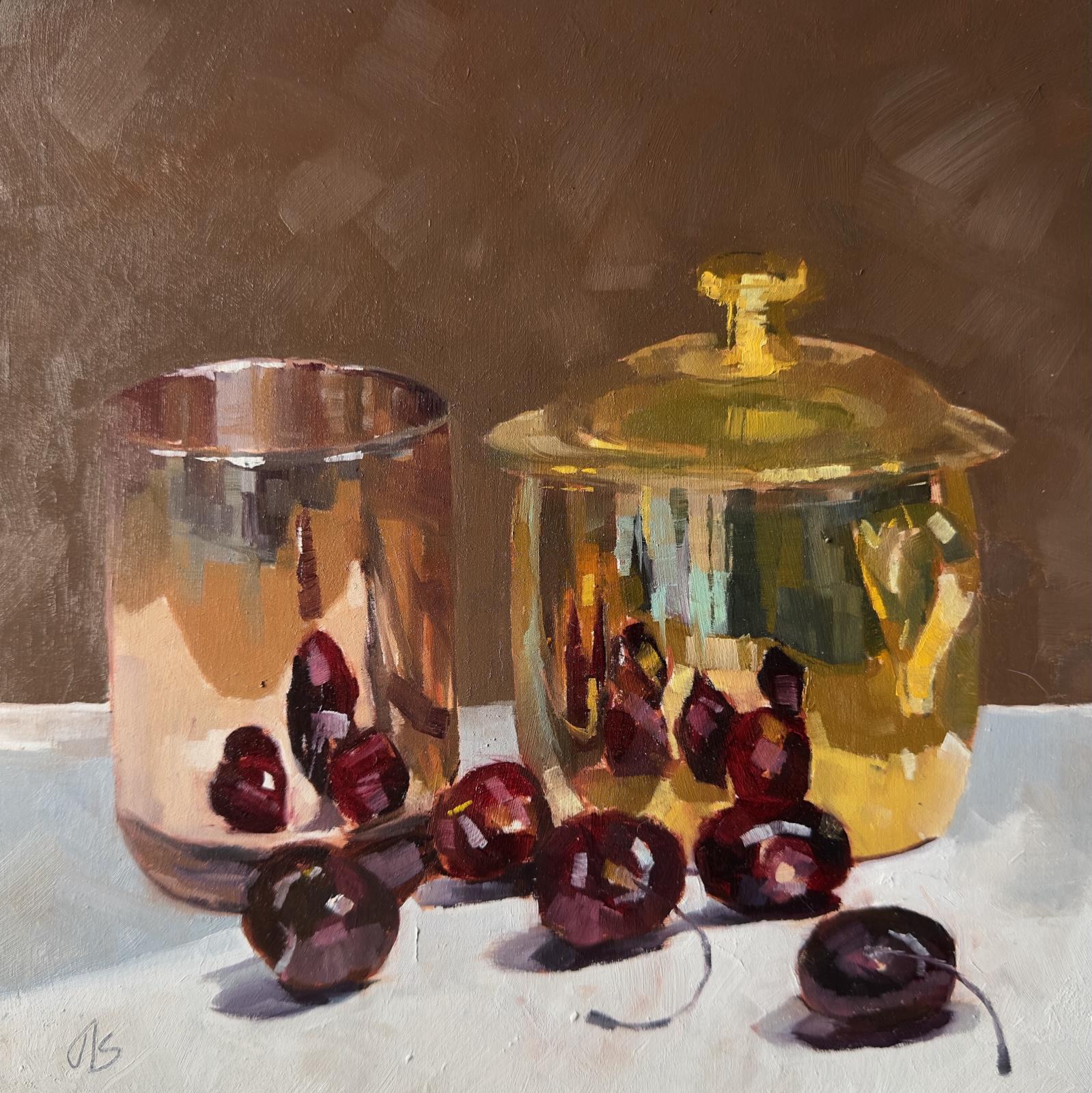 Cherries with Copper Tumbler and Brass Pot