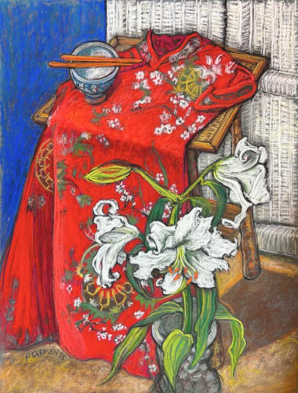 White Lily Kimono on Bamboo table