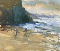 Surfers at Porthtowan, oil sketch 