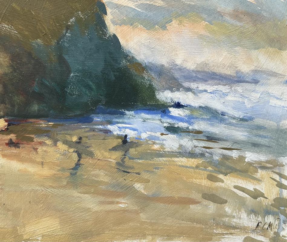 Surfers at Porthtowan, oil sketch 
