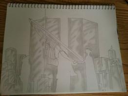 Twin towers with raising the American flag