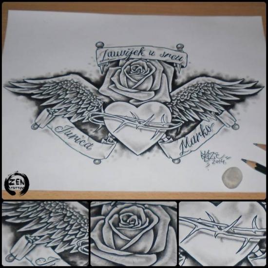 Wings and rose tattoo design
