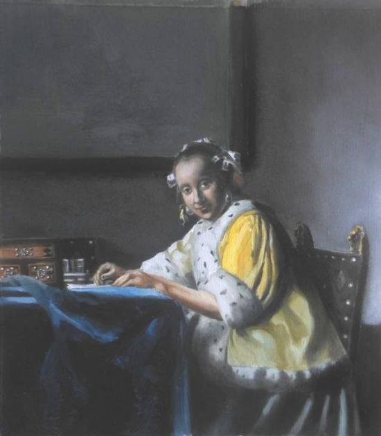 A lady  writing a letter (After Vermeer)