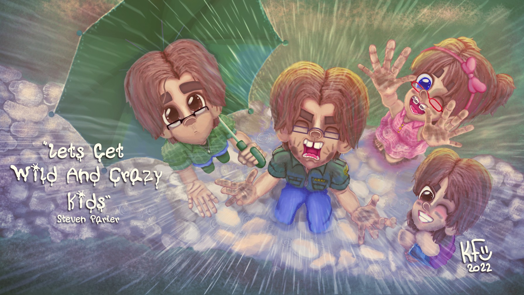 Family-Fun-In-The-Rain-Father-and-His-Kids