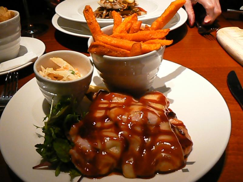 Hunters Chicken served with coleslaw and sweet potato fries
