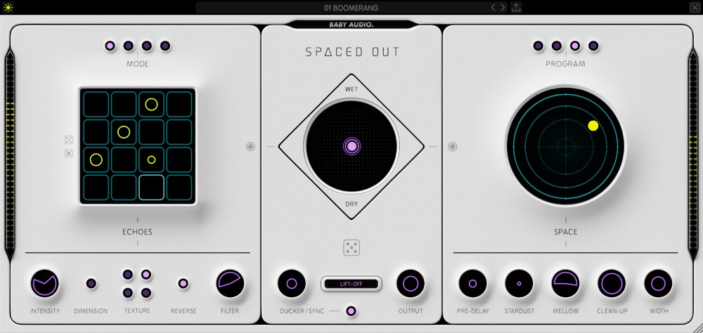 Baby Audio Spaced Out interface with its Echoes step sequencer, central mixer and circular Space reverb control