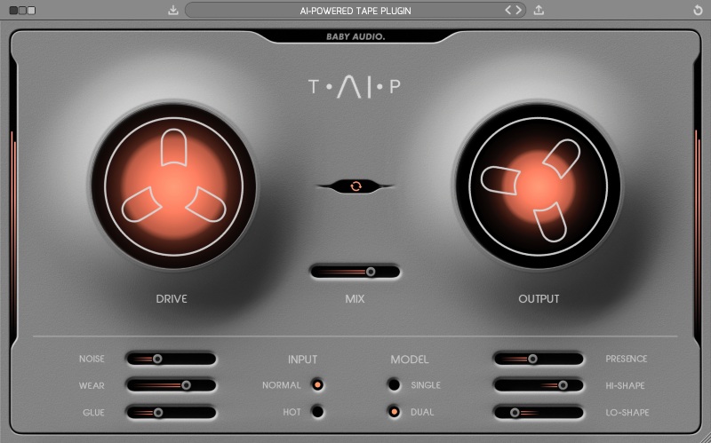 Baby Audio TAIP interface with Drive, Output, Mix, Wear, Glue, Noise and frequency shaping controls