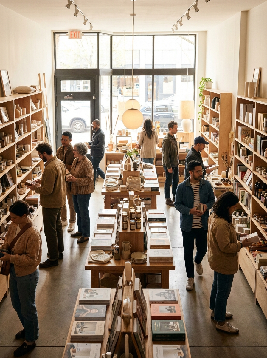 A shop owner reviewing a polished retail presence in a well-presented boutique environment