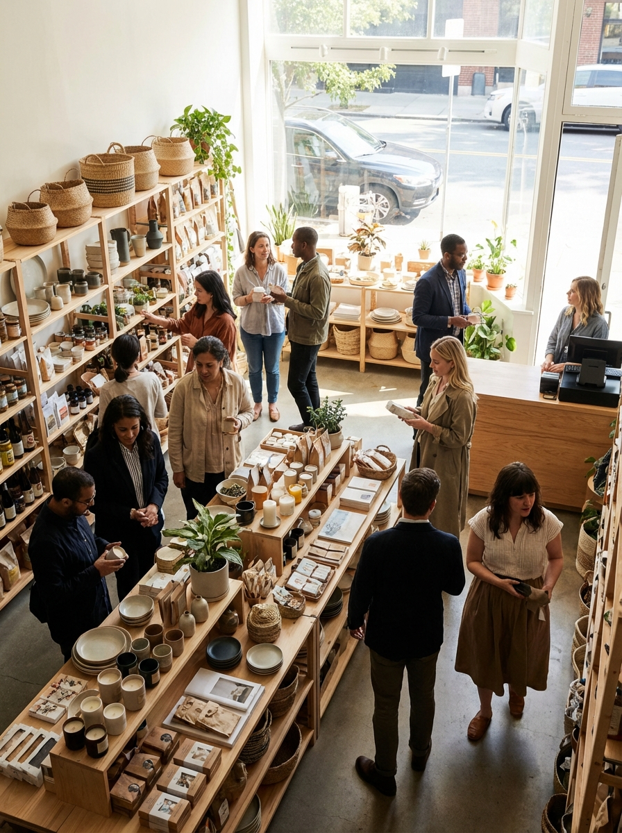 A shop owner standing inside an independent boutique or retail space while reviewing a stronger business presence on a phone or tablet