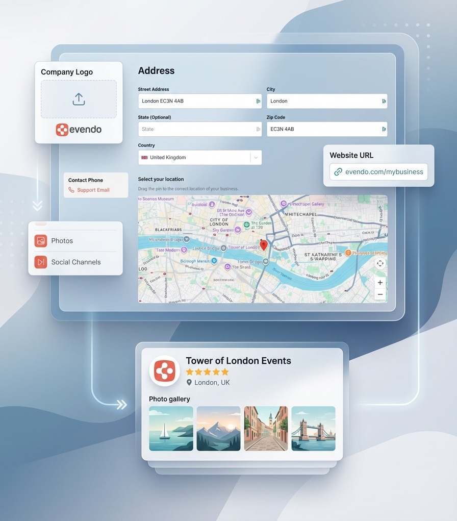 A business page showing visible website, phone number, and email details