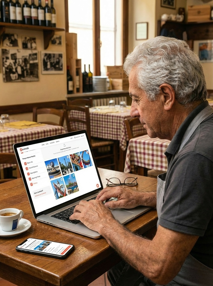 A business owner managing profile details, descriptions, photos, and opening hours