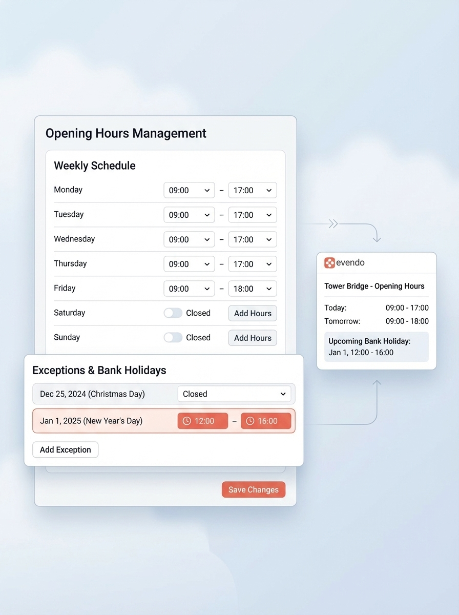 A business page showing daily and exceptional opening hours