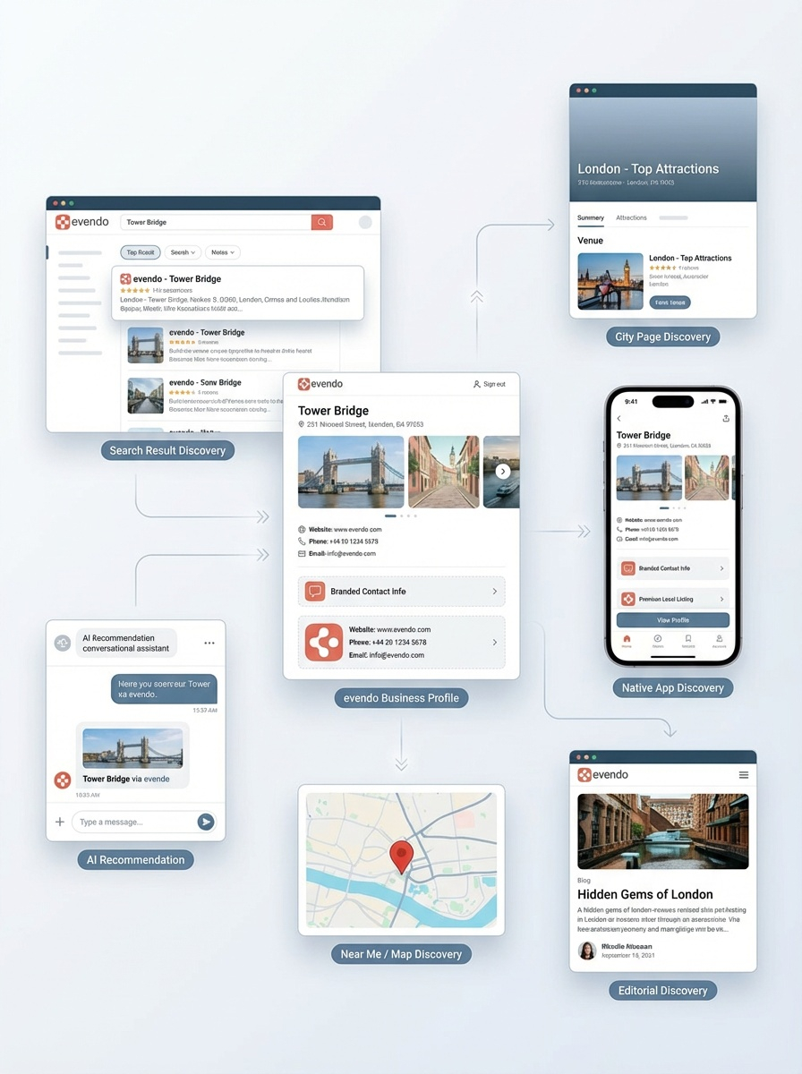 A business being discovered across app, search, AI tools, and destination pages