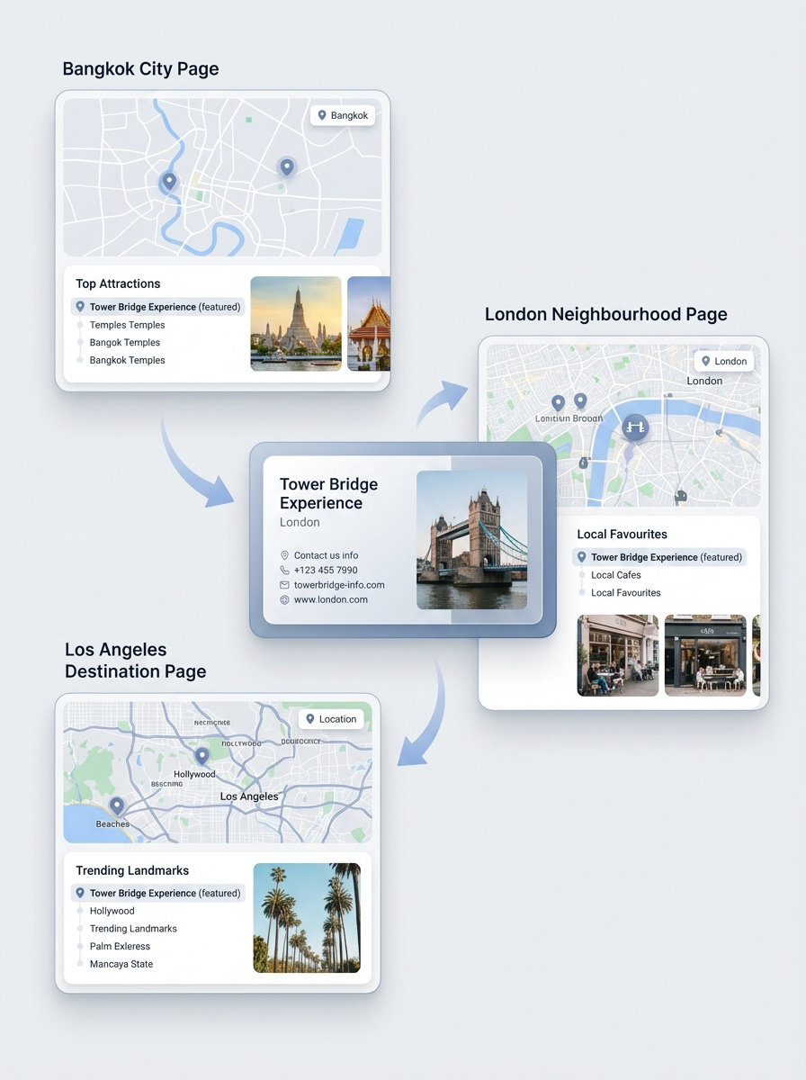 A business shown across city pages, destination pages, and neighbourhood pages