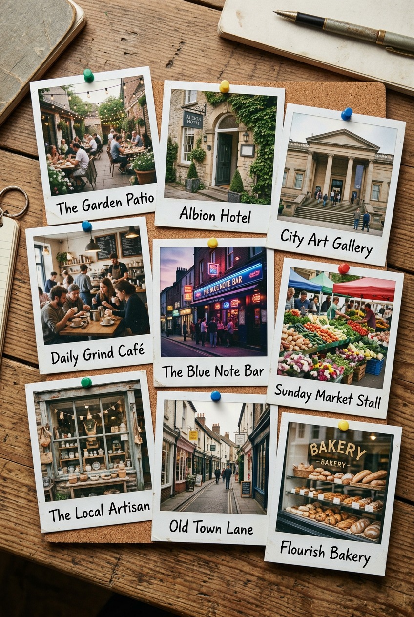 A broad set of venue types including restaurant, landmarks, attraction, bar, and shop