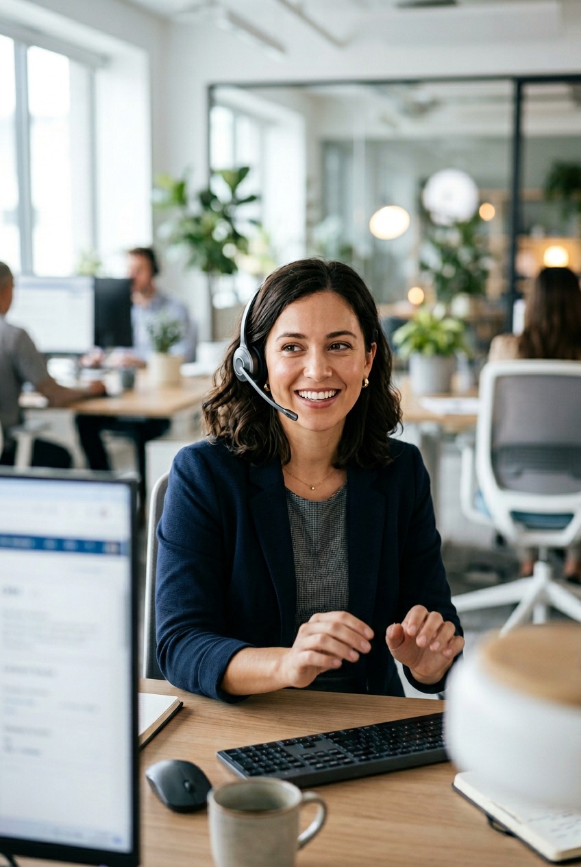 A support-style image showing a business owner reading answers on a laptop or tablet