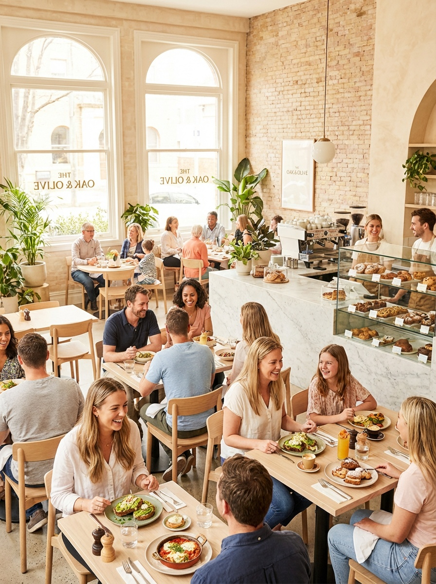 A restaurant owner reviewing a polished restaurant presence in a busy but stylish dining setting