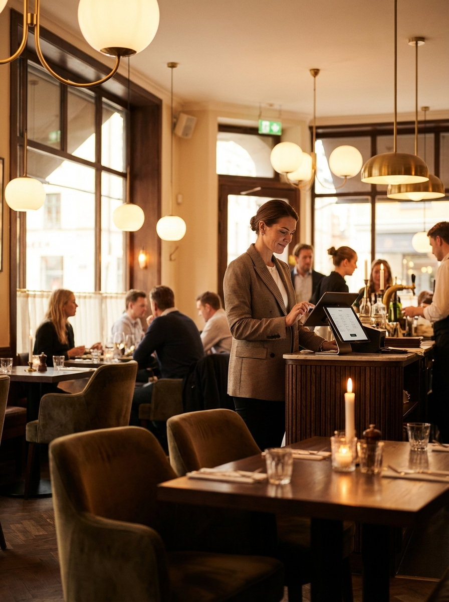 An independent restaurant owner or café operator standing inside a warm, stylish dining space while reviewing a stronger restaurant presence on a device
