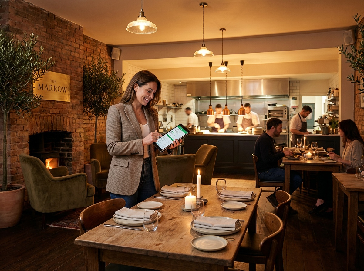 A restaurant-specific flow graphic showing visible presence, activated presence, 30 days free Plus, and ongoing choice