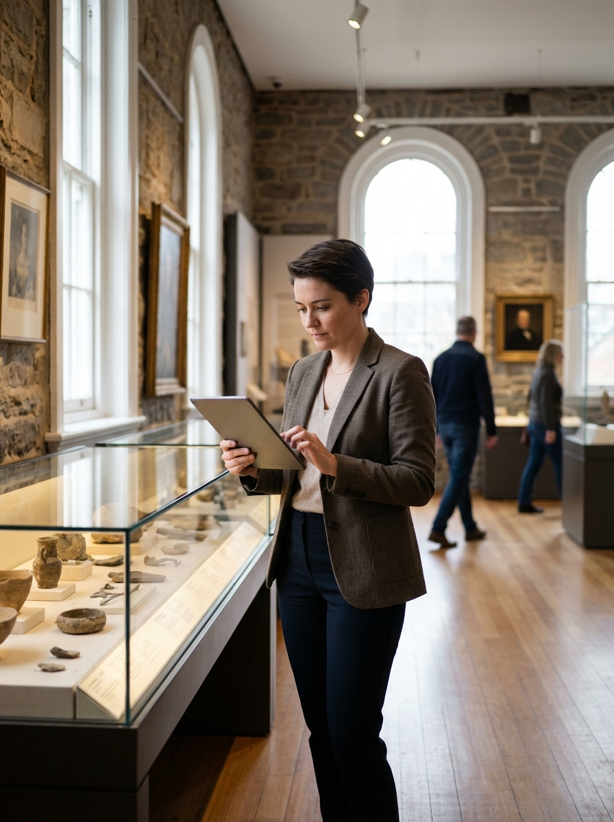 An attraction manager or cultural venue representative standing in a museum, landmark, gallery, or visitor attraction while reviewing a stronger business presence on a device