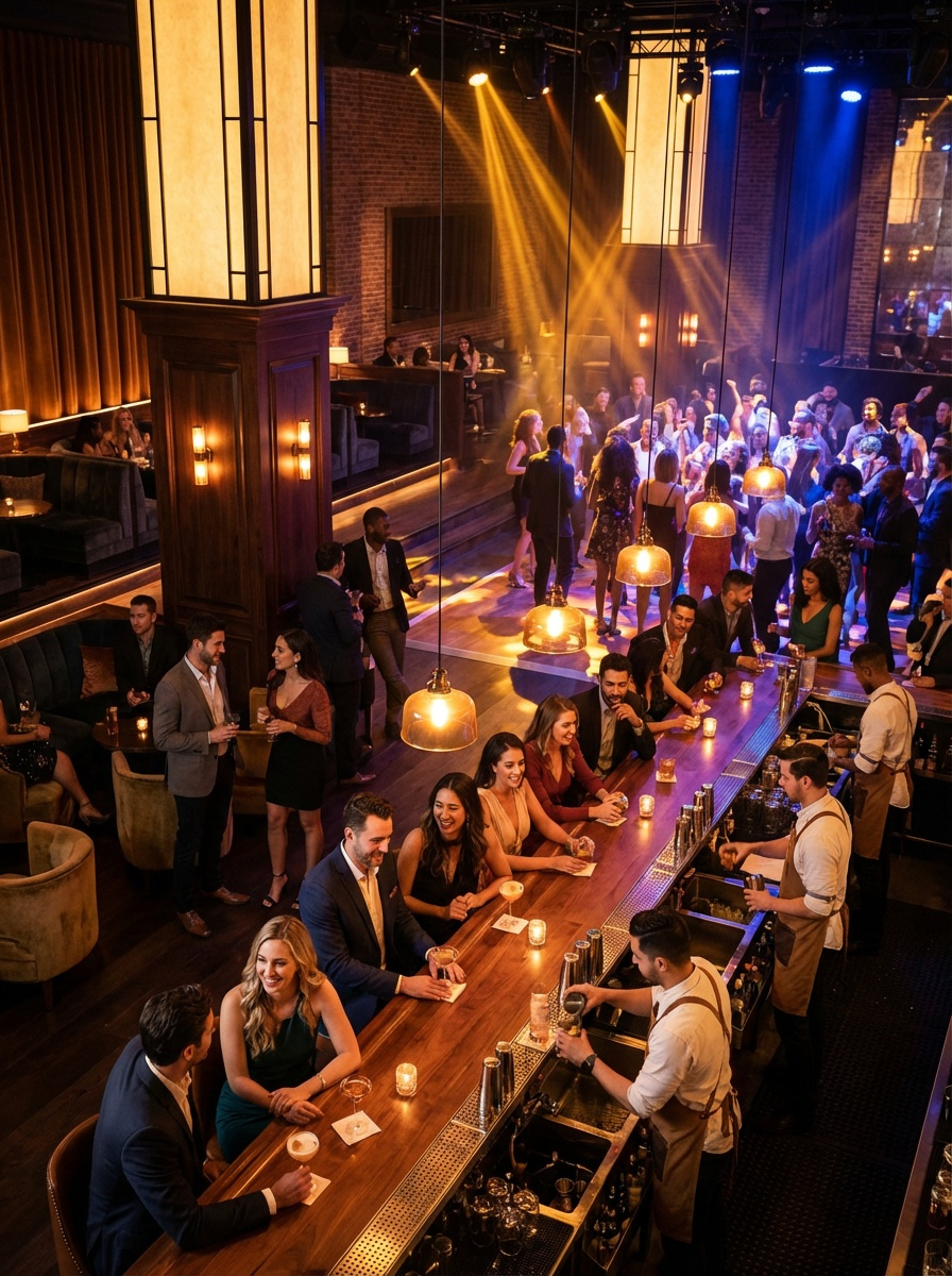 A bar owner, nightlife operator, or club manager inside a stylish nightlife setting, reviewing a stronger business presence on a mobile device