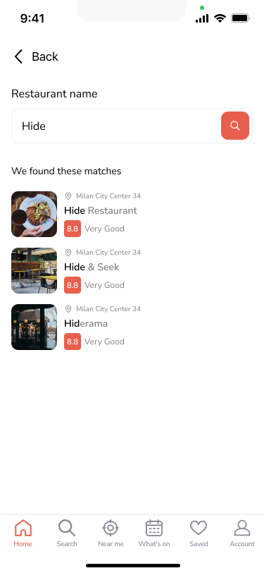 Find restaurant – results screen