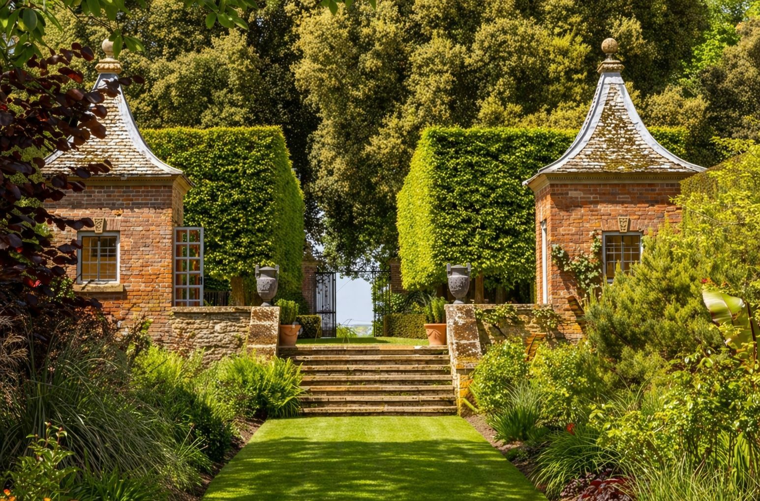 Sunny formal garden with stone steps 1
