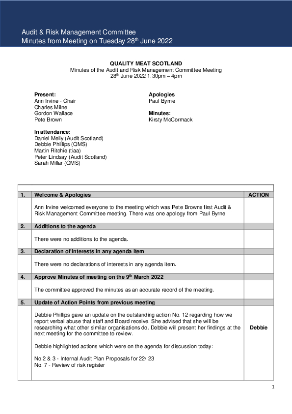 QMS Audit Risk Management Committee Meeting 28th June 2022