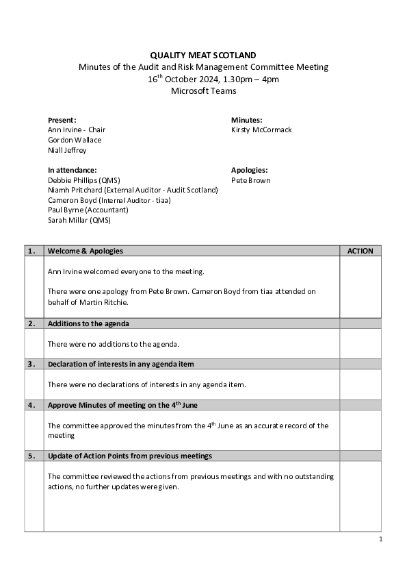 QMS Audit Risk Management Committee Meeting 16th October 2024 - Minutes
