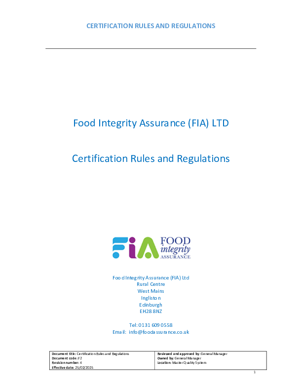 Food Integrity Assurance Certification Rules and Regulations