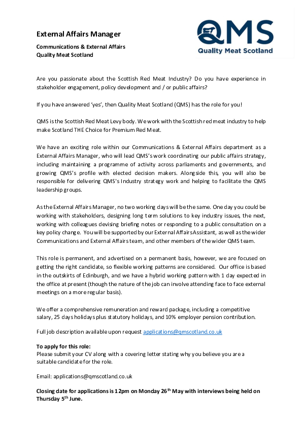 20250509 QMS External Affairs Manager Advert NS