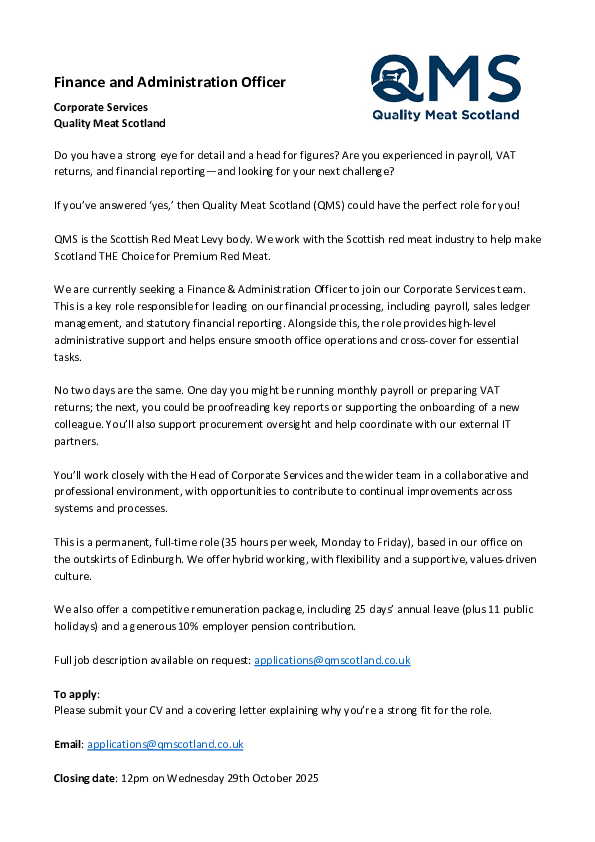 QMS Finance and Administration Officer Advert